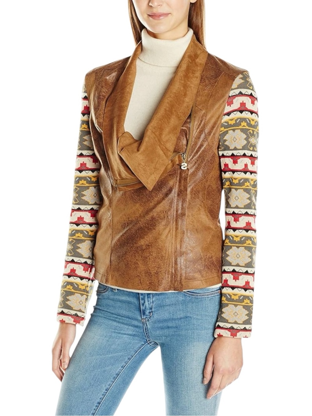Desigual Brown Faux-Leather Jacket Southwestern Patterned Sleeves Size M